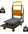 Heavy Duty Foldable Platform Hand Truck Rated At 330 Lbs With Silent Swivel Rollers, showcasing collapsible design and sturdy handles.