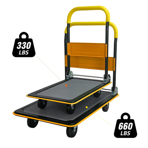 Heavy Duty Foldable Platform Hand Truck Rated At 330 Lbs With Silent Swivel Rollers, showcasing collapsible design and sturdy handles.