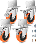 Heavy Duty Swivel Casters L Shaped Mount Double Ball Bearing, 3 inch orange rubber wheels, tight brake locks, perfect for toolboxes.