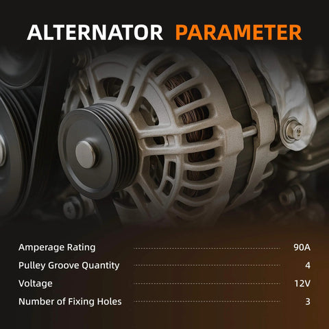 Close-up view of high output alternator showing 4-groove pulley and specifications for Hyundai Elantra and Kia Soul fitment.