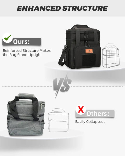 Expandable Large Tactical Lunch Box With Dual Insulated Compartments And Shoulder Strap, upright vs collapsed comparison.
