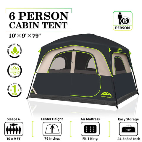 Roomy Six Person Camping Tent With Heavy Duty Blackout Layer Blocks Bright Morning Sun And Keeps Things Cool For Your Crew Includes Full Rainfly For Smooth Weekend Getaways, 10x9ft, 79in center height.