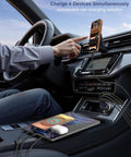 Inside car showing Super Fast 4 Port Car Charger Pumping Out 90W Power connecting multiple devices for charging.