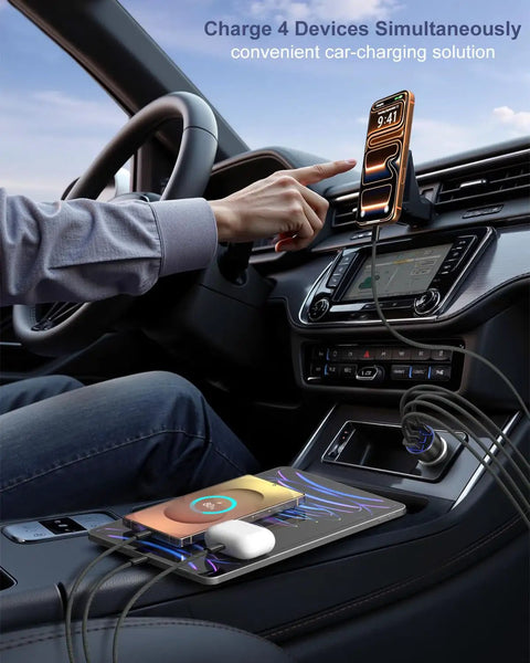 Inside car showing Super Fast 4 Port Car Charger Pumping Out 90W Power connecting multiple devices for charging.