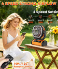 Beast 20000mAh Rechargeable Camping Fan With Digital Battery Gauge on table with remote, user enjoying outdoors