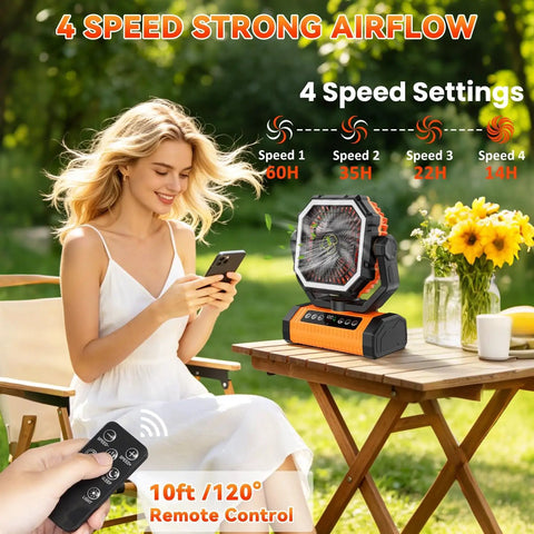 Beast 20000mAh Rechargeable Camping Fan With Digital Battery Gauge on table with remote, user enjoying outdoors