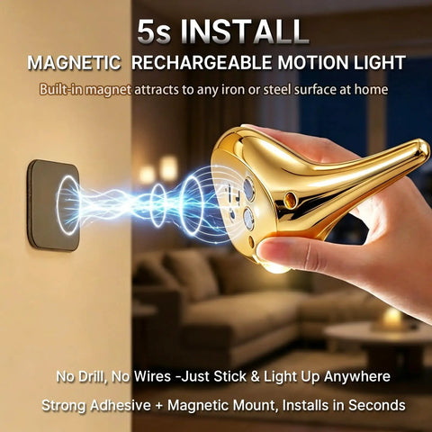 Super Sleek Bird Motion Sensor Wall Light With Heavy Duty Rechargeable Battery 2 Pack Zero Hassle USB Setup Works Like A Charm For Closets And Hallways All Year Round showing a hand holding a gold magnetic motion light.
