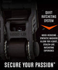 Close-up of Orange 10 Foot Tactical Ratchet Tie Down Straps Two Pack With 1000 Pound Safe Working Load, focus on ratcheting system.