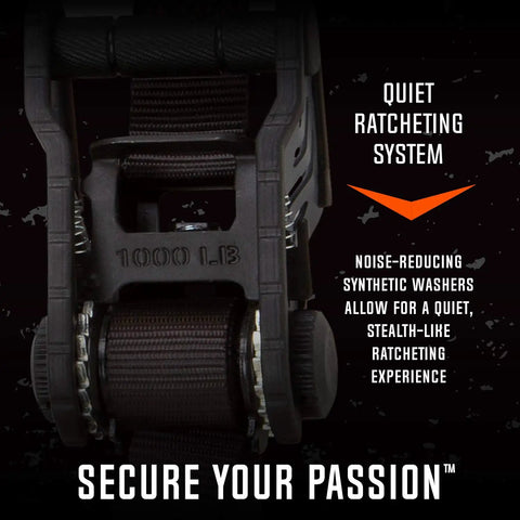 Close-up of Orange 10 Foot Tactical Ratchet Tie Down Straps Two Pack With 1000 Pound Safe Working Load, focus on ratcheting system.