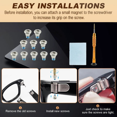Smart Glasses Repair Kit With Ten Precision Screws And Dedicated Screwdriver showing installation steps and tools.