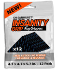 Bag of 12 rug grippers with text highlighting "Insanity Grip" peel and stick, suitable for indoor and outdoor surfaces.