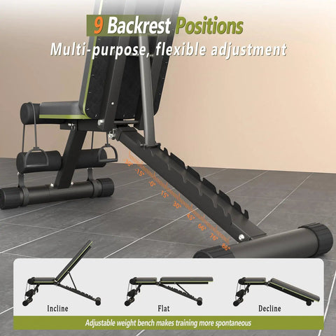 Adjustable Weight Bench For Home Gym Foldable 700 LBS Capacity With 9 Backrest Angles showing incline, flat, decline positions