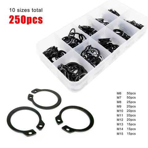 Assortment Kit Of External Circlips Snap Rings 5-20mm 65Mn Black Steel C Type Retaining Rings shown in storage case