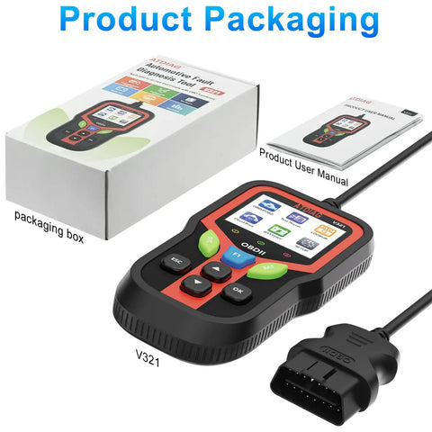 All In One OBD2 Scanner Diagnostic Tool For Cars And Trucks Plug And Play with packaging and user manual displayed