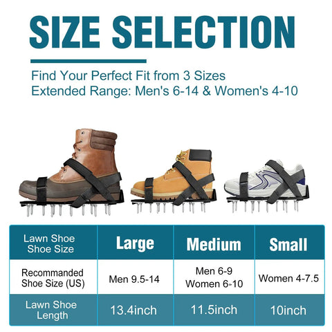 Pre Assembled Lawn Aerator Shoes For Grass With Aluminum Base, Adjustable Velcro Straps, shown in three sizes on boots