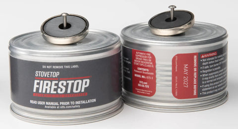 Automatic Fire Suppressor For Residential Kitchens, Direct Flame Activated, Easy To Install Grease Fire Safety System For Four Burner Stoves, Non Toxic, Calibrated For Quick Home Cookin Kitchen Fire Suppression depicted as two round canisters with labels, designed for grease fire safety.