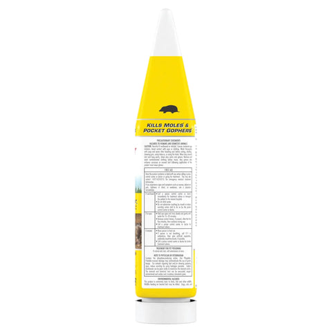 Side view of a yellow 6 oz tube of Pelleted Mole And Gopher Bait For Fast Acting Pest Control In Lawns And Gardens