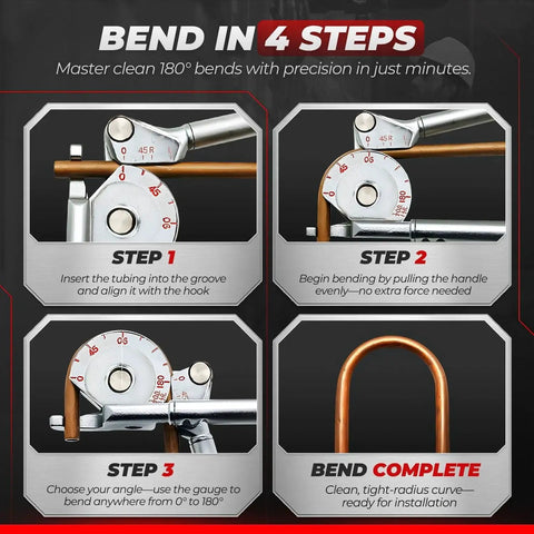 Bend in 4 steps using Top Rated Flexzion 1/2 Inch Outer Diameter Tubing Bender Tool for precise copper pipe bending.
