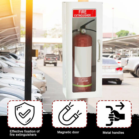10 Lb Fire Extinguisher Cabinet Wall Mount White Steel With Glow In The Dark Sign Sticker installed in parking area