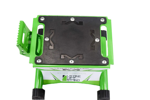 Top view of the Beefy Heavy Duty Lift Stand For Dirt Bikes And Mini Riders 500 Lb Capacity Carbon Steel Construction with green sticker pack