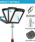 3 Pack Telescoping Inspection Mirrors With LED Light and Magnetic Flashlight showing 360° adjustable square mirror and telescoping feature.