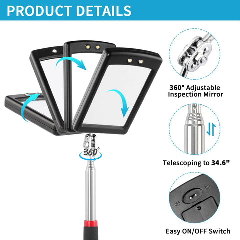 3 Pack Telescoping Inspection Mirrors With LED Light and Magnetic Flashlight showing 360° adjustable square mirror and telescoping feature.