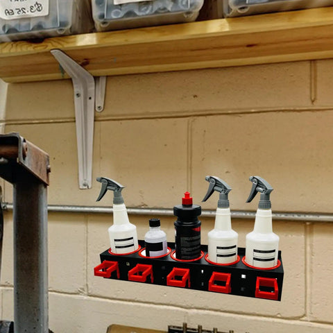 Extra Sturdy Carbon Steel Wall Storage Rack for Spray Bottles and Workshop Tools Built Like a Beast with Hella Room for Clutter and Easy Installation Anywhere in Your Space, displaying spray bottles and tools.