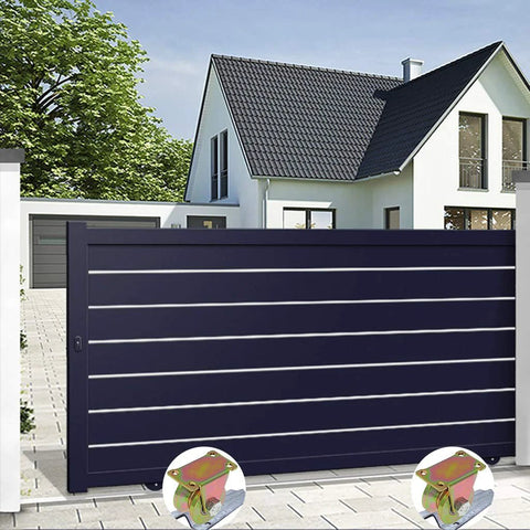 2 Inch V-Groove Wheel Sliding Gate Caster Set for Inverted V-Track and Rolling Gates installed on a dark sliding gate.