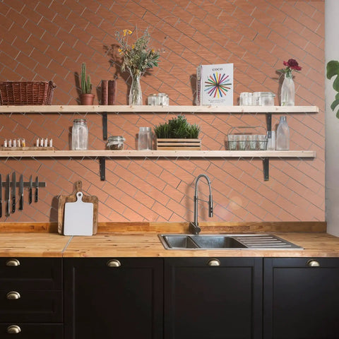 Copper Aluminum Peel And Stick Backsplash Tiles 3x6 Inches Brushed Copper Finish 80 Pack installed in modern kitchen wall decor below shelves