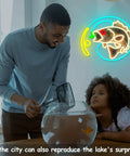 Person with child near fishbowl, Dimmable Fishing Neon Sign LED Hook Lights For Wall Decor And Man Cave Vibe on wall
