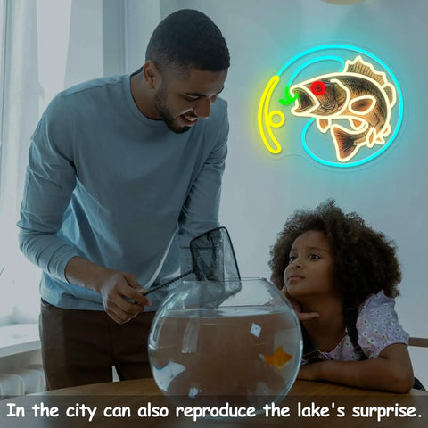 Person with child near fishbowl, Dimmable Fishing Neon Sign LED Hook Lights For Wall Decor And Man Cave Vibe on wall