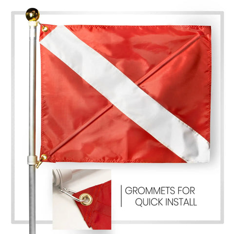 Warning Flag With Removable Stiffening Pole 20x24 Inches Red and White Nylon Dive Flag For Scuba Gear Spearfishing Freediving Snorkeling Double Stitched Coast Guard Regulation Durable and Highly Visible, showing flag with grommets