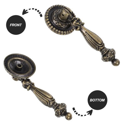 Front and bottom view of Vintage Retro Zinc Alloy Cabinet Knob Round Pull Handle with Single Hole, antique gold finish