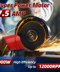 Beast Pro Grade 7.5 Amp Angle Grinder 4 1/2 Inch in use, emitting sparks while cutting metal, showcasing 900W motor and 12000 RPM.