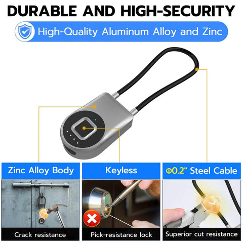 Fingerprint Cable Lock With Biometric Unlock 3.6 Inch Shackle Keyless Bluetooth Smart Padlock, showing durable zinc alloy body.