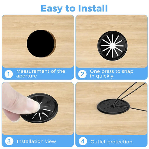 Installation steps of Eight Pack Cable Grommet Kit For Desks And Countertops, Snap In Round Nylon Grommets, image sequence 1 to 4.