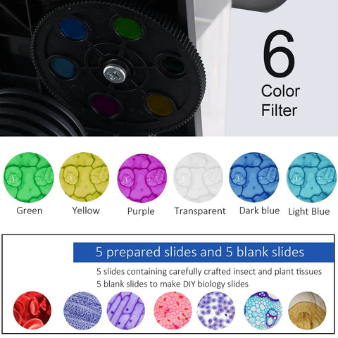 Kids and Adults Microscope With 40x to 2500x Magnification, Dual LED Illumination, 360 Degree Rotating Head, Kid-Friendly Eyepieces and Objective Lenses, Perfect for School Labs and Home Science Projects, 6 color filter and slide kit