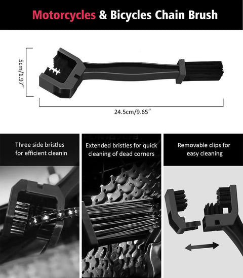 Six Piece Motorcycle Cleaning Kit With Boar Hair Detailing Brush featuring chain brush with removable clips and side bristles.
