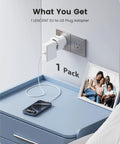 Europe to US Plug Adapter for Travel No Fuss EU to US Converter plugged into wall socket next to phone on table
