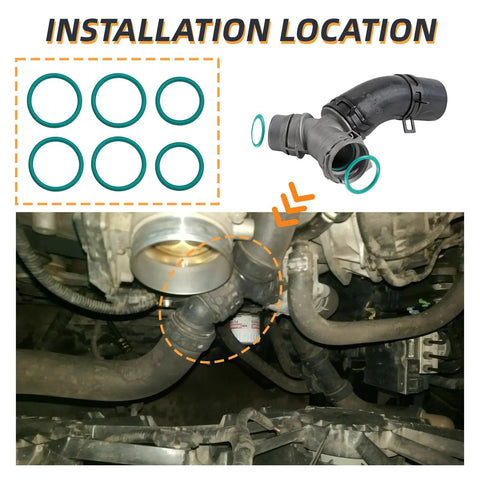 Upgraded 926-168 o-rings seal set for Ford engine coolant hoses; six green rings shown with installed hose connection.