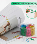 Two Inch Multicolor Paper Clips And Binder Clips 300 Pack for office and school, shown with clipped pages and storage box.