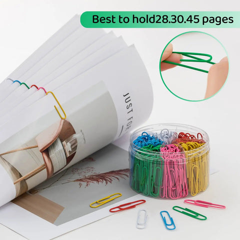 Two Inch Multicolor Paper Clips And Binder Clips 300 Pack for office and school, shown with clipped pages and storage box.