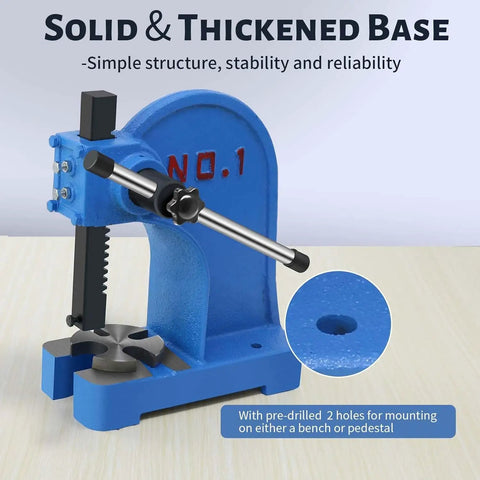 Built Different One Ton Manual Arbor Press With Four Position Steel Anvil And Five Point Five Inch Work Height For Stamping Riveting Punching And Bending Jobs Daily, blue cast iron base and lever.