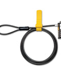 Get Your Hands On This Badass Laptop Security Cable Lock With Sweet Push Button Design And Resettable Four Digit Combination Code On Six Foot Cut Resistant Steel Wire For Office. Close-up view with yellow push button and steel wire.