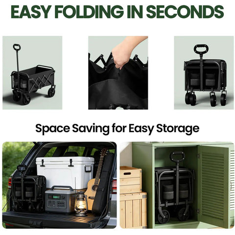 Foldable Wagon With Wheels Grab And Go Portable Collapsible Cart For Camping Groceries Garden And Sports Lightweight 10 Lb Utility Wagon With Flexible Handle Black shown folded and stored in car trunk and cabinet.