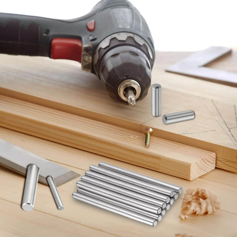 100 Pcs 3Mm By 10Mm Cylindrical Dowel Pins Shelf Support Pins with drill for DIY furniture assembly, silver tone.
