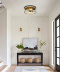 Hallway with Black And Gold Flush Mount Ceiling Light Fixture Two Light Vintage Farmhouse Ceiling Mount For Hallway Entryway Kitchen Dining Room Close To Ceiling With Easy Install And Energy Saving LED Compatible installed.