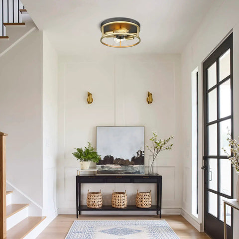 Hallway with Black And Gold Flush Mount Ceiling Light Fixture Two Light Vintage Farmhouse Ceiling Mount For Hallway Entryway Kitchen Dining Room Close To Ceiling With Easy Install And Energy Saving LED Compatible installed.
