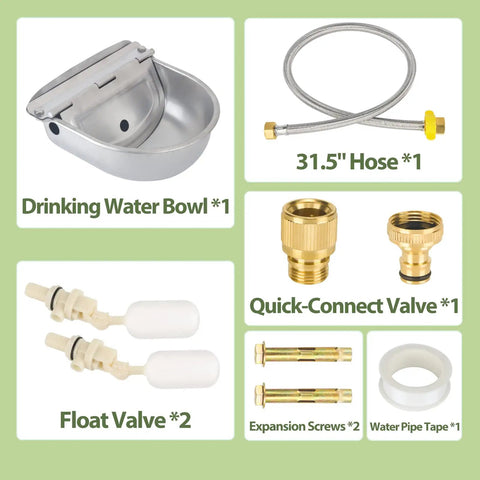 Automatic Animal Drinking Water Bowl with Float Valve Stainless Steel Kit with components and hose for 1-5 cattle.