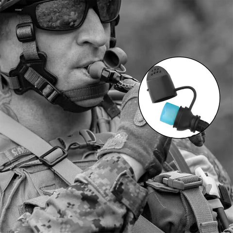 Man using Go-To Hydration Bladder 1.5L 2L 3L with TPU leakproof water reservoir, detail of drinking tube and valve.